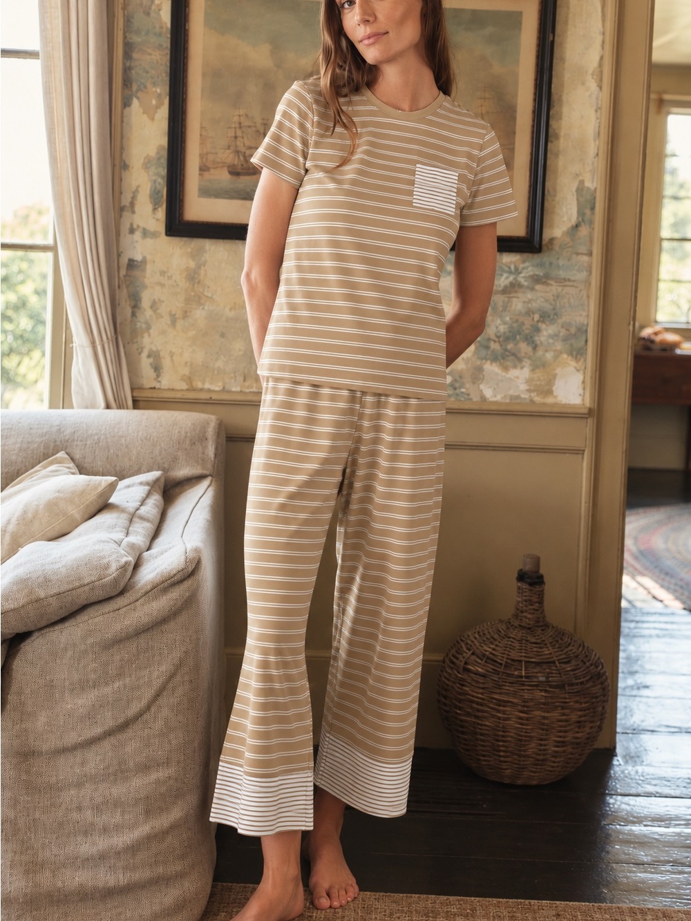 LAKE Pajamas Pima Crew Wide Leg Pajama Set Tan Stripe Size M